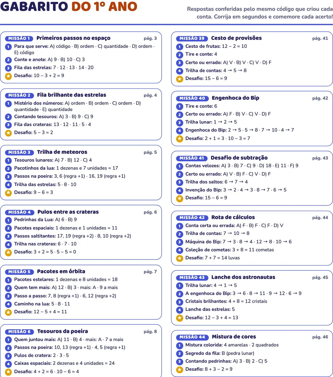 Gabarito do 1º ano com as respostas de cada missão